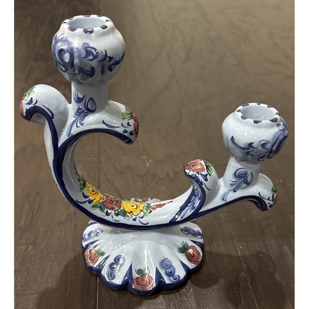 Vestal Portugal 770‎ Blue Floral Pottery Taper Candle Stick Holder Signed